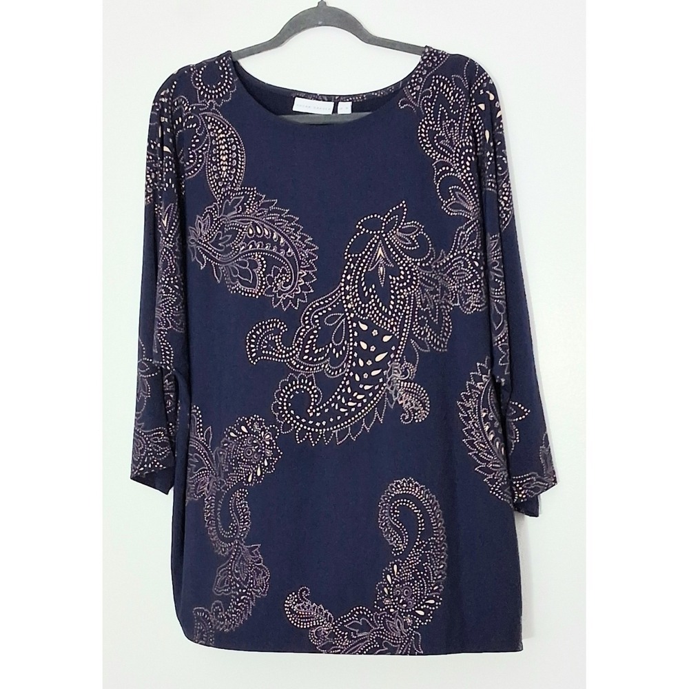 Susan Graver Tunic Women's Size XL Blue Foil-Printed Liquid Knit Pullon Preowned